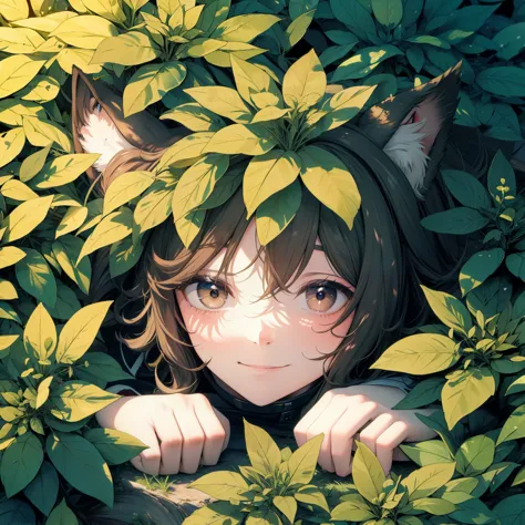 best quality, masterpiece, highres, solo, 1girl, in a leavy bush, dog ears,only head out of bush,close up,lie down on bush,smile