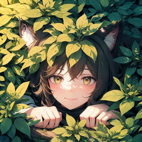 best quality, masterpiece, highres, solo, 1girl, in a leavy bush, cat ears,only head out of bush,close up,lie down on bush,smile