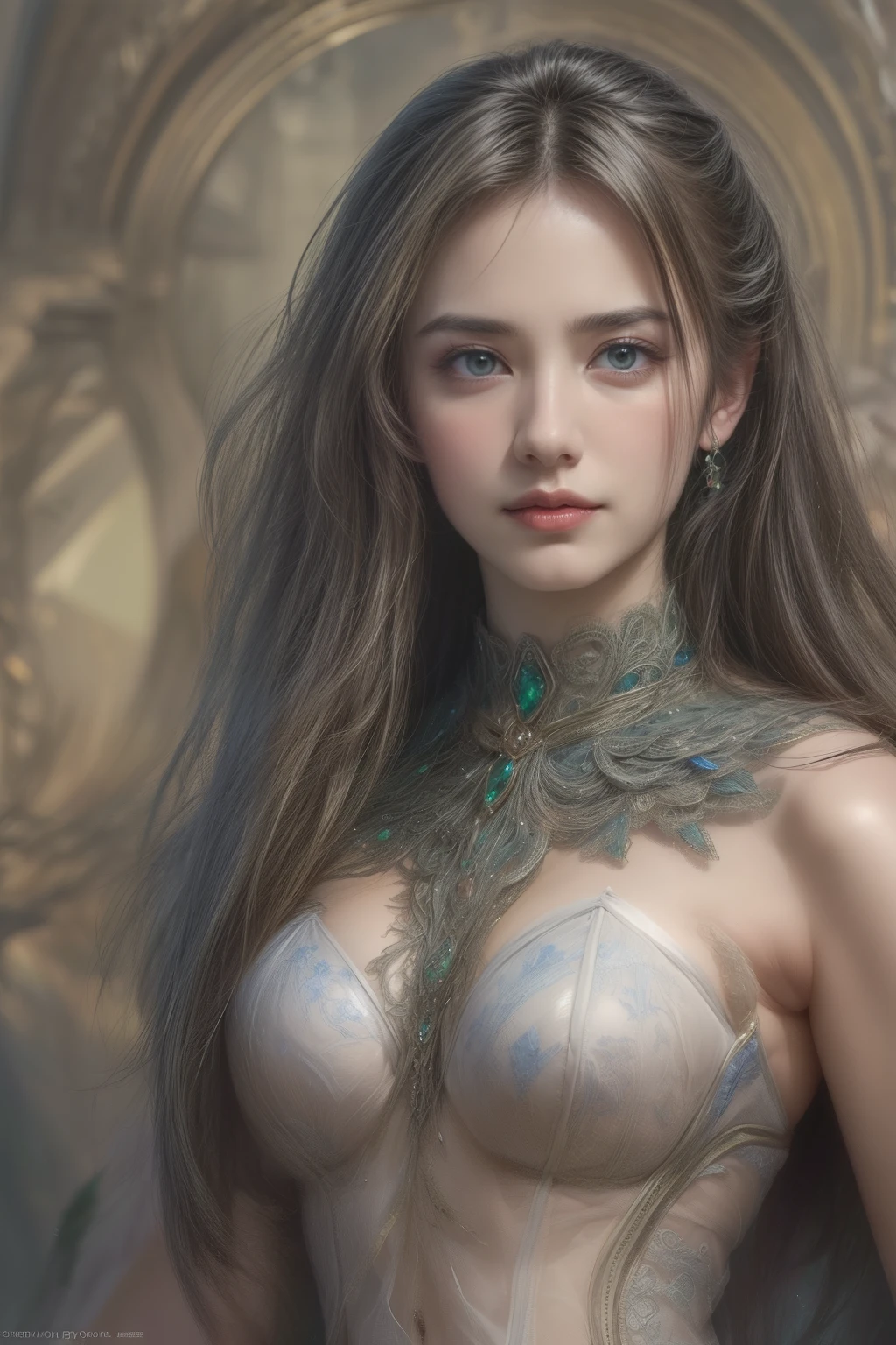 1girl in, age19, Solo, Long hair, Colossal , Looking at Viewer, blonde hair, Bare shoulders, Brown eyes, jewellery, Full body, a necklace, off shoulders, Sweaters, Realistic, A sexy, no makeup and in the green dress, (photograph:1.2)、(photorealistic:1.3)、(masterpiece:1.3)、(Highest image quality:1.4)、ultra high resolution、realistic eyes、 (detailed eyes)、(detailed facial features)、(Detailed garment features)、8K resolution、solo focus、26 year old cute woman、small face、 ,From Side, Photorealistic, Official art, Unity 8k wallpapr, 8K Portrait, Best Quality, Very high resolution, (Incredibly beautiful nature background:1.6), One girl, One beautiful teenage italian girl, sixteen years old, Obscene, (Sexy and glamorous:1.1), (A coquettish expression:1.6), (small breasts with raised pink areolas,:1.6), Vulgarity, (seductively smiling:1.2), (full body1.0), (erotic posing:1.5), (Magic Attack Pose:1.6),(magical effects like sparkles or energy:1.5), (Electric shock from hands:1.1), (Detailed blue bodysuit with beautiful fractal or marble design:1.5), (Beautiful and d delicate ruby, topaz, emerald and sapphire jewelry:1.45),  Beautiful seductive face, Portrait, (Thick eyebrows:1.2), (Big purple eyes:1.2), Beautiful eyes with fine symmetry, (Ultra detailed eyes:1.4), (High resolution eyes:1.1), Intimate face, (ultra detailed skin texture:1.4), White skin, pale skin, Perfect Anatomy, Thin, (Beautiful toned body:1.1), Hair Bow, (Moist skin:1.1), full of sweat, No makeup, dark circles, Good anatomy, Focus Face, goodlooking, (Emilia Clark:0.6)  (Emma watson:0.3),(Jennifer Connelly:0.4), (sensual face:1.5), Elegant face, Nice, Dolce, Cyberpunk Sci-Fi, (Gauntlets with intricate and beautiful designs:1.2), Blurred background, Blurred foreground, depth of fields, (Motion Blur:1.1), Complex and colorful biomechanical bodysuit, Zentangle, mandalas, Entangled,  (Small breasts:1.2), Sheer breast, (Beautiful :1.2), (NSFW:1.2), large hips, drivel,  Juice stain, grabbing on breasts