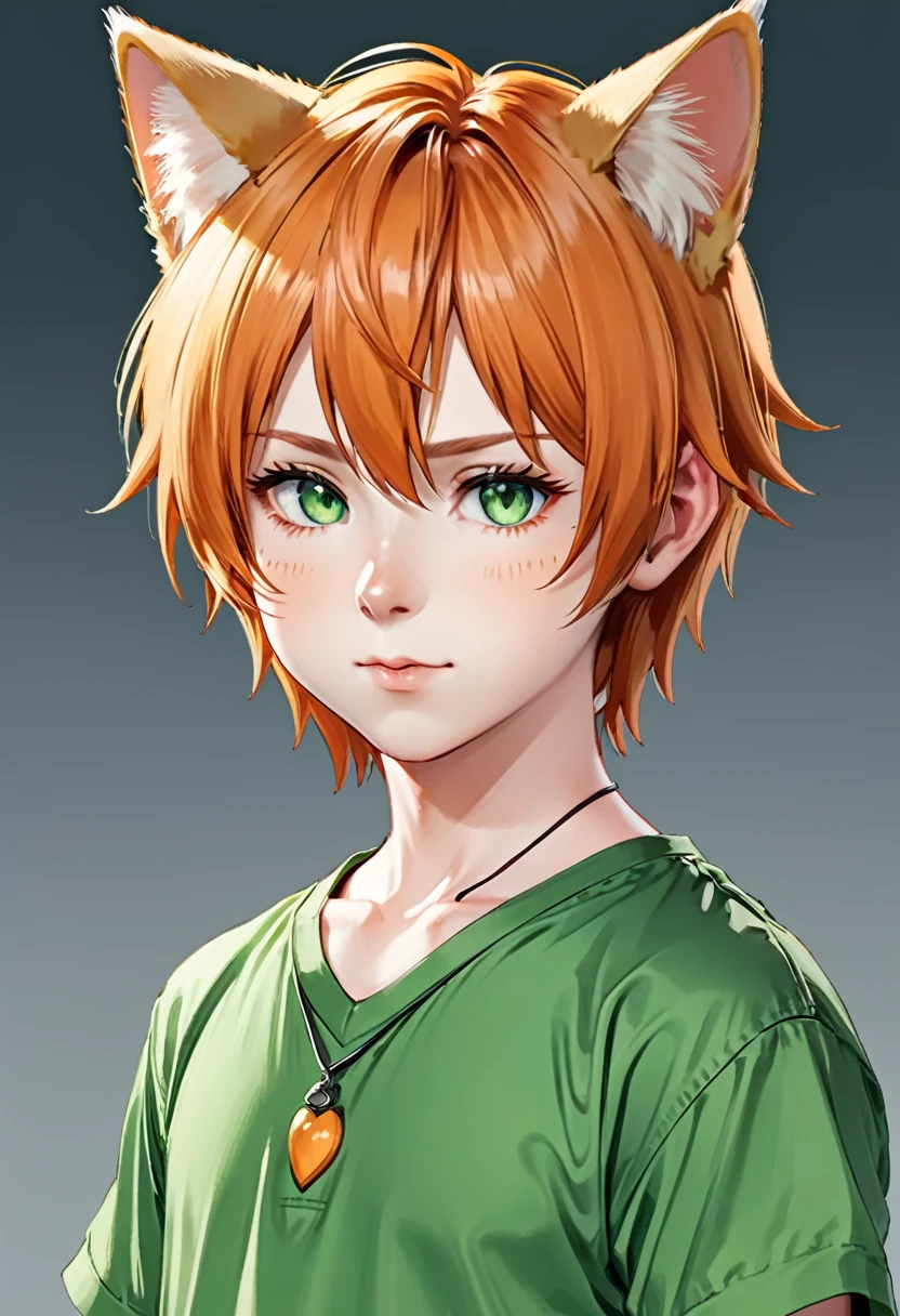 bust_portrait, catboy, cat ears, red hair, green eyes, fang, simple orange shirt, pale skin, cute adorable, little boy, , shota, toddler, cute, innocent,