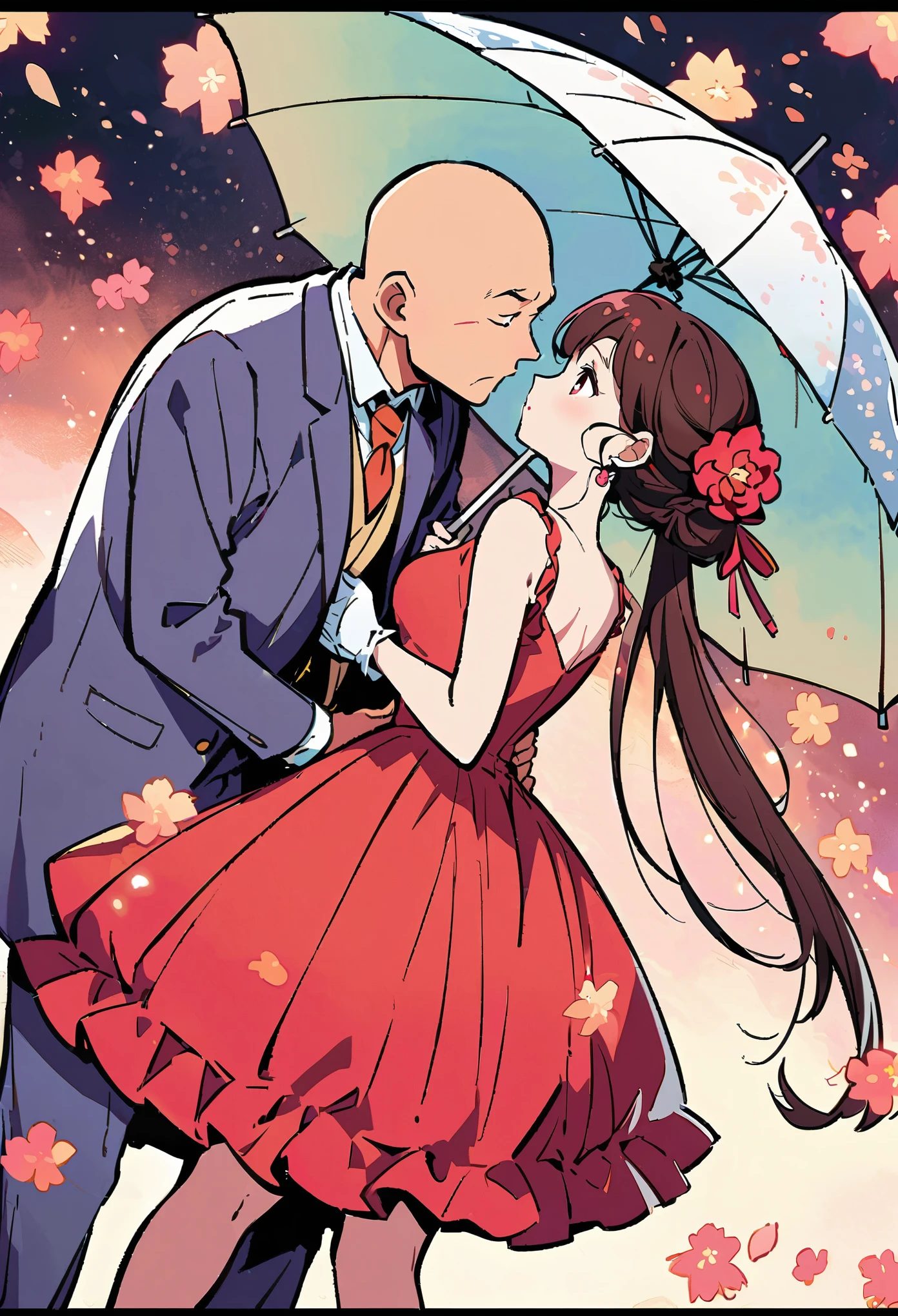 Chinese anime, a bald man and an elegant woman in red dress standing under the umbrella together, white background, in the style of Japanese comics .anime shounen illustration in the style of , an ancient bald man and beautiful woman in red dress stand under the umbrella together, he gently holds her head to his for a kiss, she wears very long hair in buns with bangs covering half of her face, wearing traditional , dreamy romantic atmosphere in full color