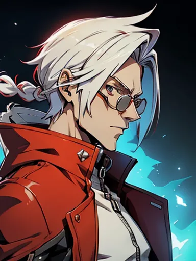  blazblue game ,human Male  ,Clear Skin ,Red eyewear , white hair,long braided ,zip Red Coat  , Black Gloves  , Cool face 