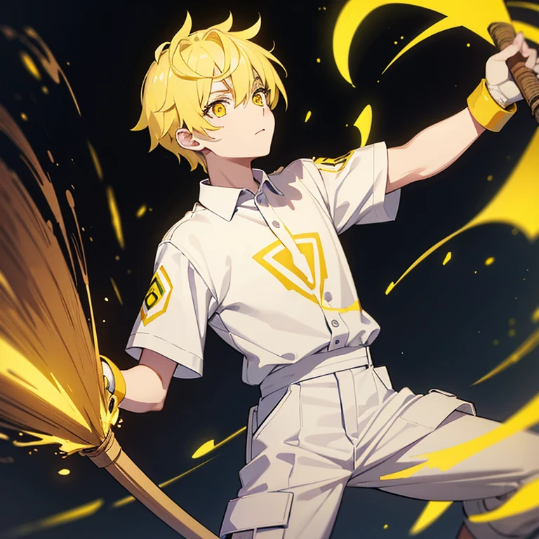 An pale-white male being with yellow glowing eyes. He has short yellow hair, he wears an yellow janitor clothing. Holding an broom.