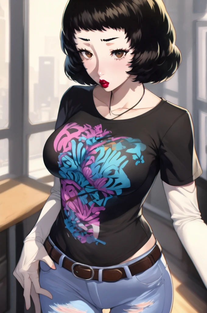 sadyokawakami, 1fille, seulement, debout, T-shirt noir, chemise blanche, Blue Jeans, ceinture, rouge à lèvres, gros seins