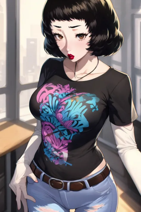 Sadayokawakami, 1girl, solo, standing, black t-shirt, white shirt, blue jeans, belt, lipstick, large breasts