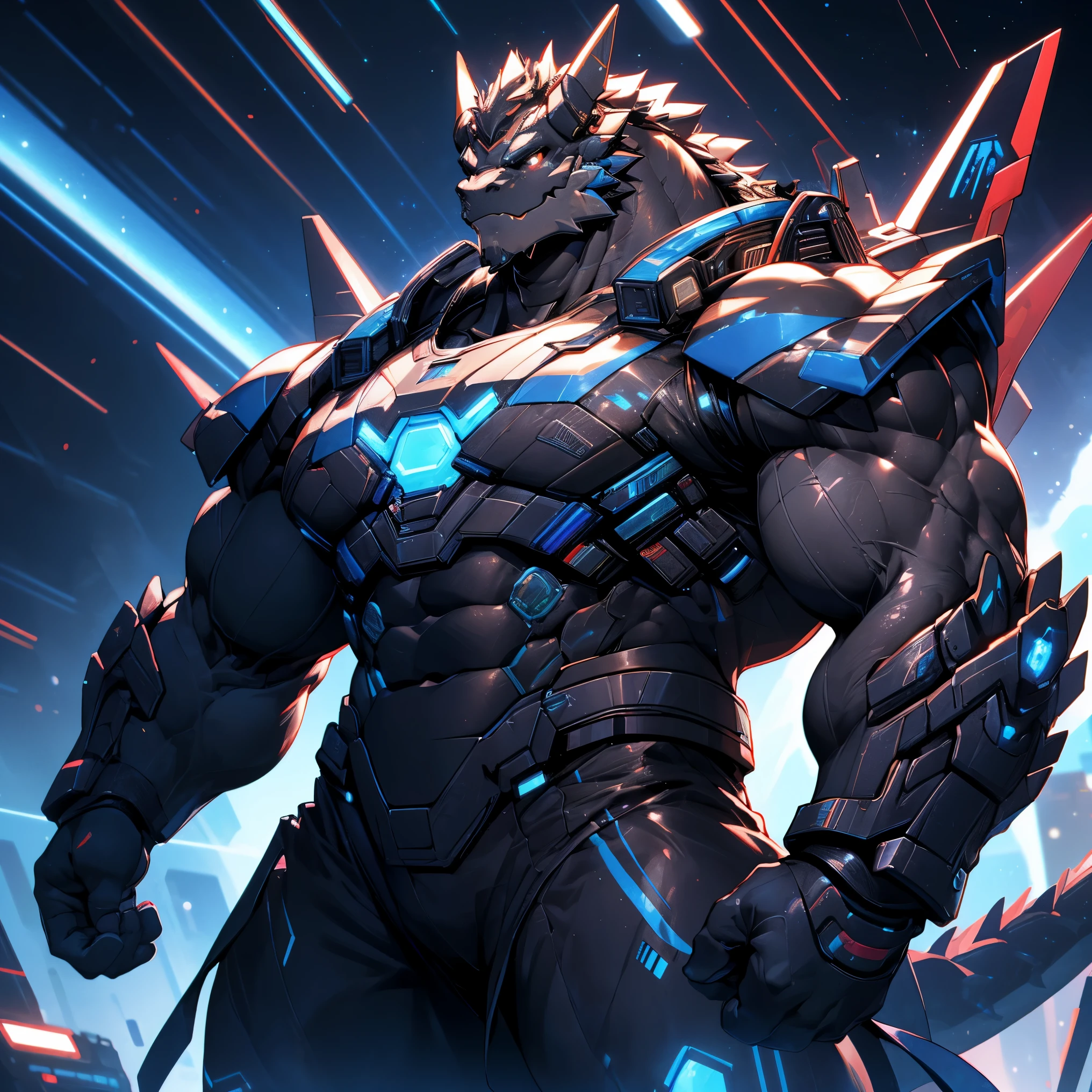 Very muscular black dragon, Large pecs, Heavyweight, Bodybuilder figure, Wearing cyberpunk mecha, dress, big bump, Gaze at the Milky Way from a spaceship, in the universe, Bright smile emoticon, sparkling skin, Vibrant colors, 4K, realism, cool lights