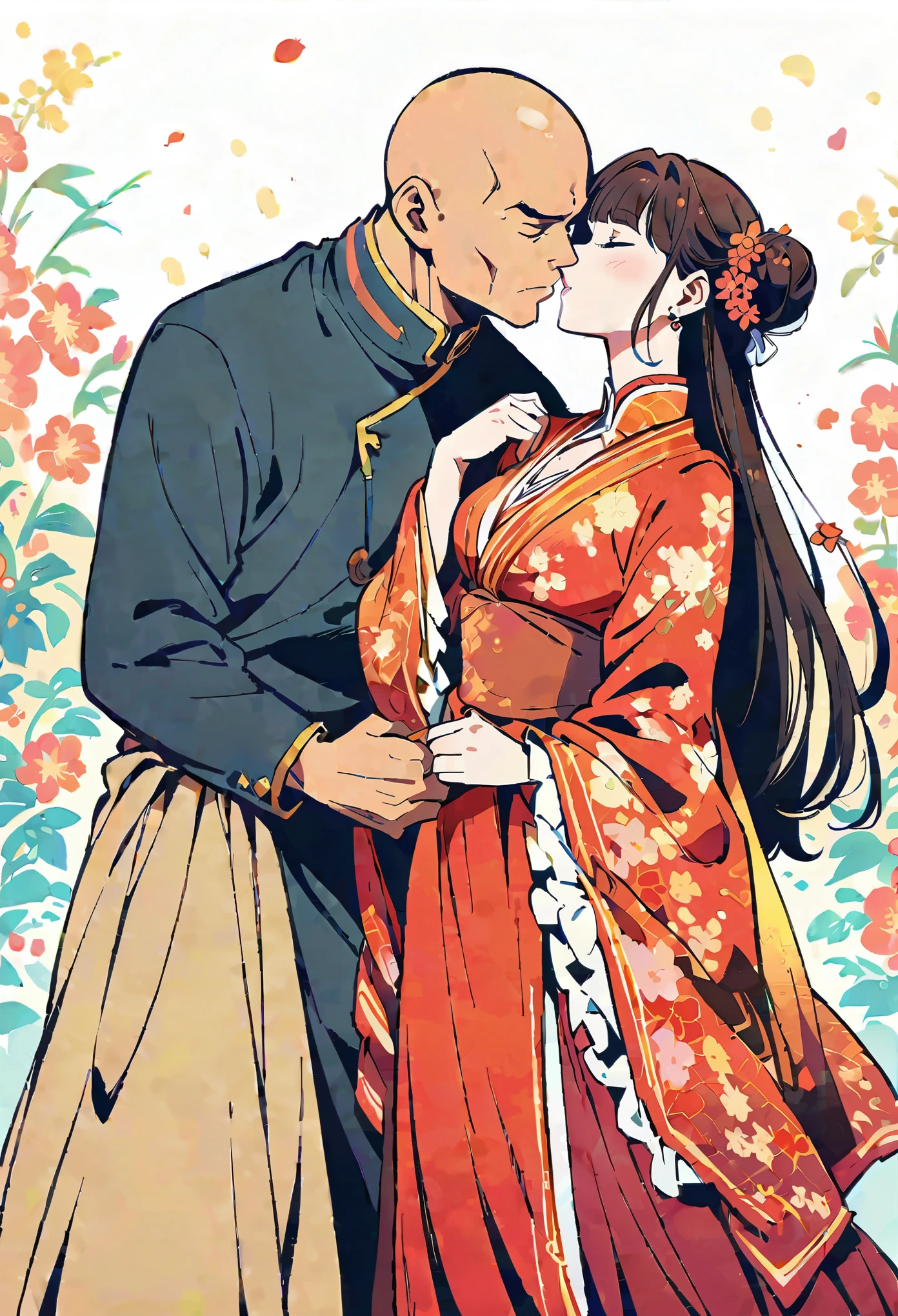 Chinese anime, a bald man and an elegant woman in red dress standing under the umbrella together, white background, in the style of Japanese comics .anime shounen illustration in the style of , an ancient bald man and beautiful woman in red dress stand under the umbrella together, he gently holds her head to his for a kiss, she wears very long hair in buns with bangs covering half of her face, wearing traditional , dreamy romantic atmosphere in full color