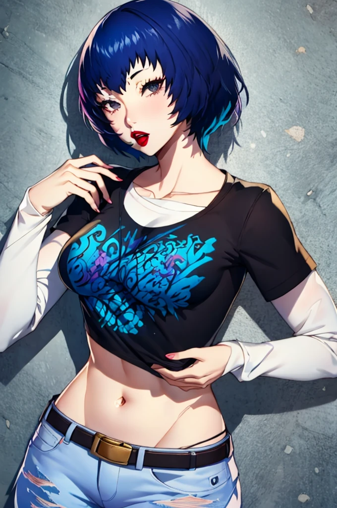 shiroganenaoto,dark blue hair, 1girl, solo, standing, black t-shirt, white shirt, blue jeans, belt, lipstick, large breasts,grey eyes