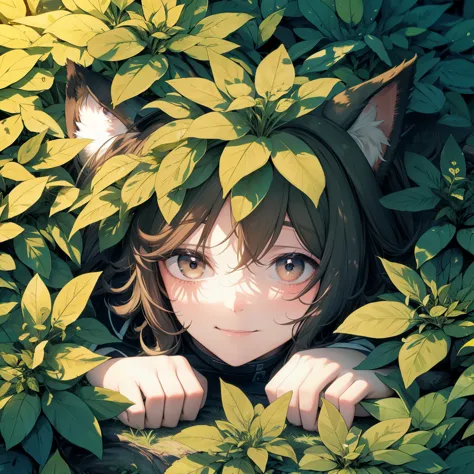 best quality, masterpiece, highres, solo, 1girl, in a leavy bush, DOG ears ,only head out of bush,close up,lie down on bush,smil...