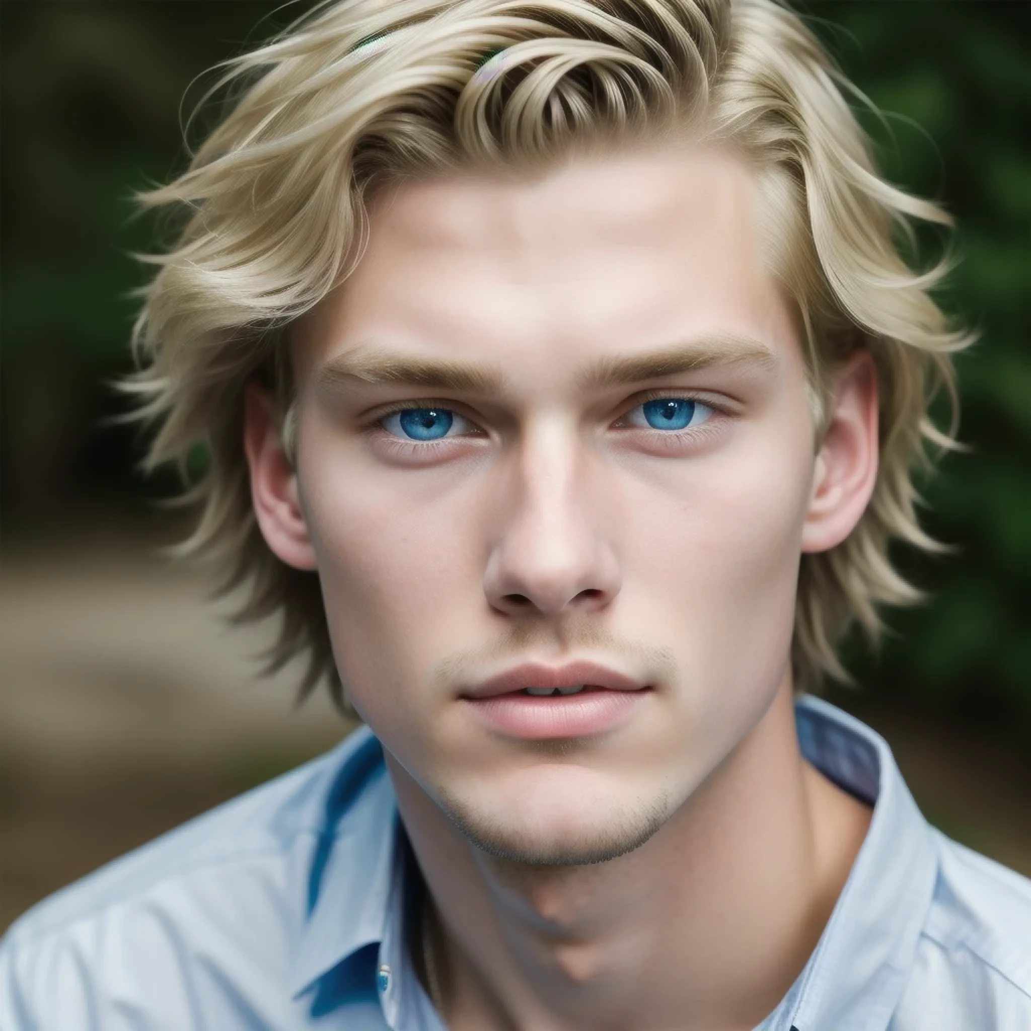 Blond haired man with blue eyes and a blue shirt - SeaArt AI