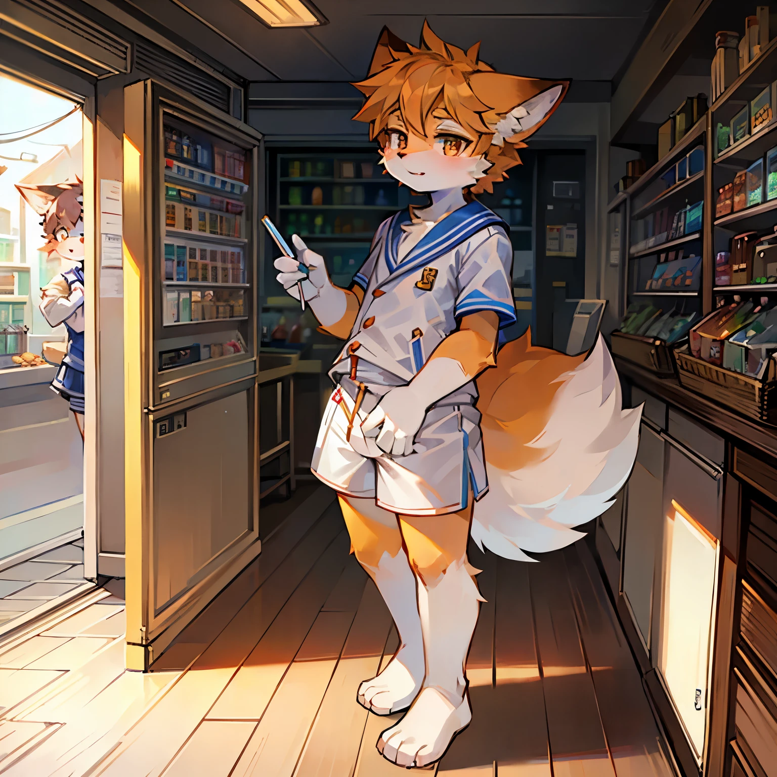 Anime character in a store with a cell phone in her hand - SeaArt AI