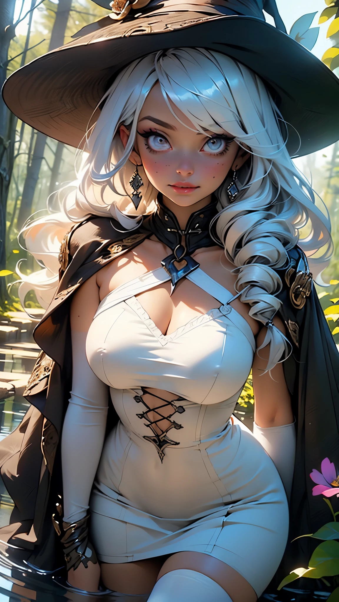 woman,1female,((milf,mom,mature,mature woman,45 years old female,adult)),(gothic woman with pale skin),

(large breasts:1.5),saggy breasts,(((long white hair,white hair:1.4,long and voluminous hair,hair over one eye,wavy hair))),((silver_eyes:1.3))),intricate eyes,beautiful detailed eyes,symmetrical eyes,sharp eyes,((((lustrous skin:1.5,bright skin: 1.5,skin tanned,shiny skin,very shiny skin,shiny body,illuminated skin)))),(spider lower abdomen,narrow waist,wide hip,bimbo body,inflated legs,thick thighs),(((detailed face))),a thin and upturned nose, shapely lips, an hourglass body shape,absurdres, curvy

cute,slutty,sensual,seductive look,seductive,((erotic)),opulent,sumptuous,longingly,((nsfw)),

(Tattered clothes:1.1),(white stockings:1.1),((white large witch hat,witch costume),witch hat, white headwear,big hat, white hat,white dress, long dress, long sleeves, ), fantasy,magic, ((white clothes and makeup)),((red flower),hair flower),(white cloak,wet,emotionless,red flowers falling),(fur cloak, white dress), , 

(dynamic pose:1.0),embarrassed,(centered,scale to fit dimensions,Rule of thirds),

((snowy pine forest at night, dark forest, swamp, murky water, foggy, creepy aura, eerie atmosphere)),with dark stormy clouds,winter,scenery:1.25,intricate scenery,((snow forest background)),

(Glossy winter ornaments),highres,sharp focus,(ultra detailed,extremely detailed),(photorealistic artwork:1.37),(extremely detailed CG unity 8k wallpaper),(((vibrant colors,vibrant theme))),(intricate),(masterpiece),(best quality),artistic photography,(photography taken by sldr),(intricate background),perfect rendered face,perfect face details,realistic face,photo realistic,((intricate detail)),(((realism))),
