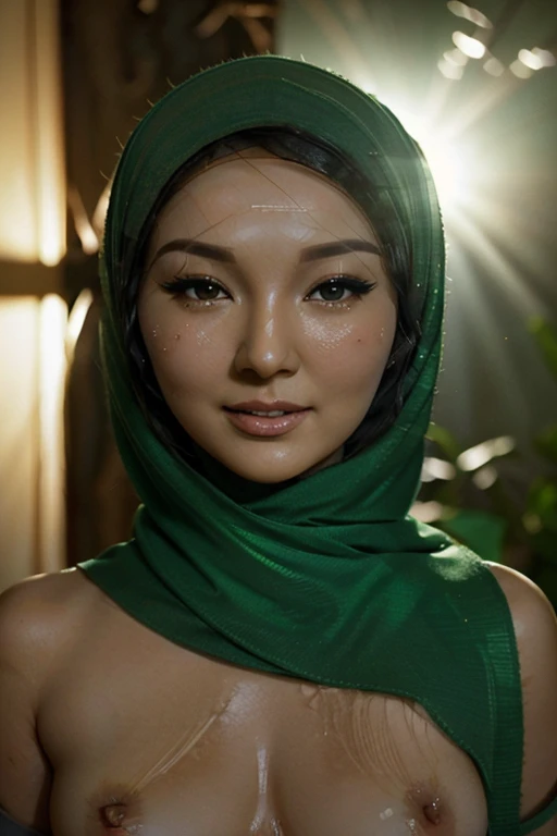 night scene, close up photo of a sexy naked malay girl with hijab (neelofa:1.4), 1 mole below eyes, posing, look at a camera and smile, green pastel hijab, (green eyes:0.8), cute young face, 18 yo, soft volumetric lights, (backlit:1.3), (cinematic:1.3), intricate details, (ArtStation:1.2)