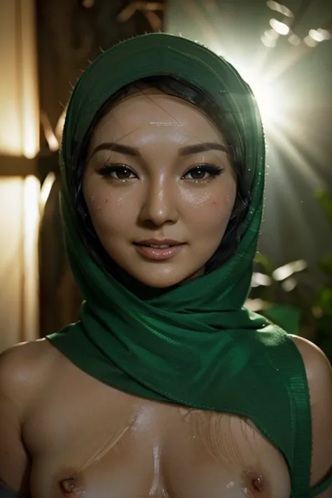 night scene, close up photo of a sexy naked malay girl with hijab (neelofa:1.4), 1 mole below eyes, posing, look at a camera and...