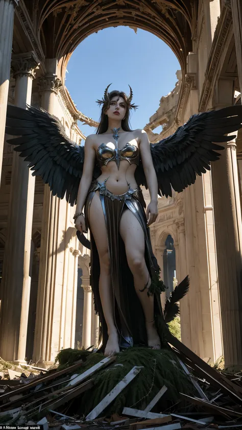A colossal fallen statue of the archangel Lucifer, cracked halo and shattered wings amidst the ruins of a divine cathedral,
 