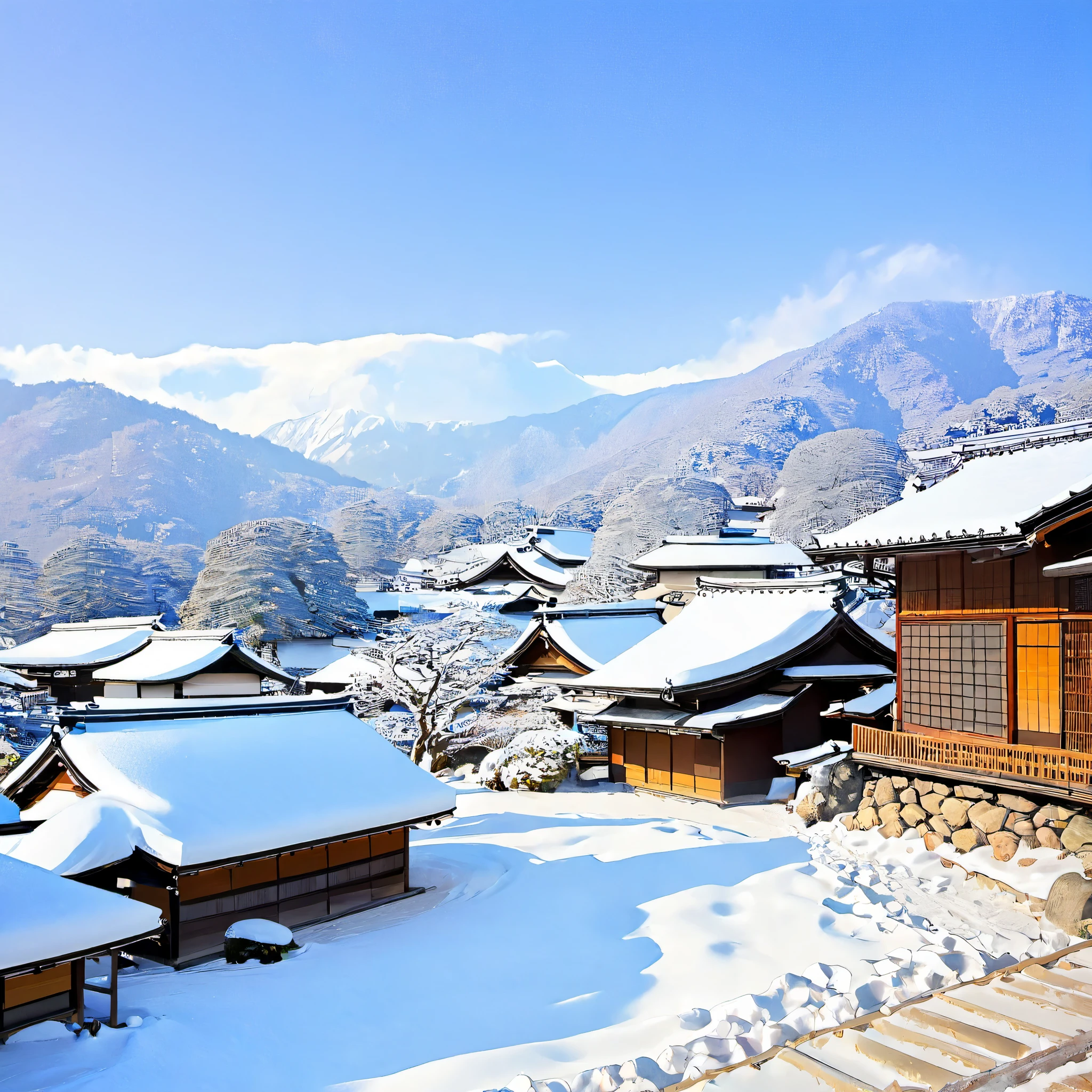 
Describe a winter landscape in Japan, using characteristic elements of the season and the region. Include details such as snow-covered mountains, trees adorned with snowflakes, a clear and sunny blue sky, a traditional Japanese village in the distance with snow-covered roofs and the gentle smoke from chimneys, as well as the presence of wildlife such as squirrels and rabbits. Convey the feeling of serenity, magic, and untouched beauty that this landscape inspires, using vivid and poetic language.