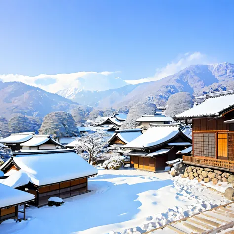 
Describe a winter landscape in Japan, using characteristic elements of the season and the region. Include details such as snow-...