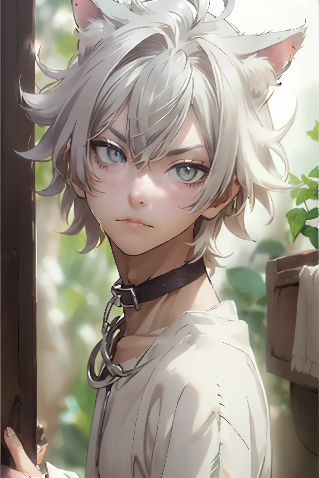 cat boy, lithe masculine frame, dusty silver blond hair, looking at viewer, bell collar around neck, wearing sweater, curious expression, dark green eyes