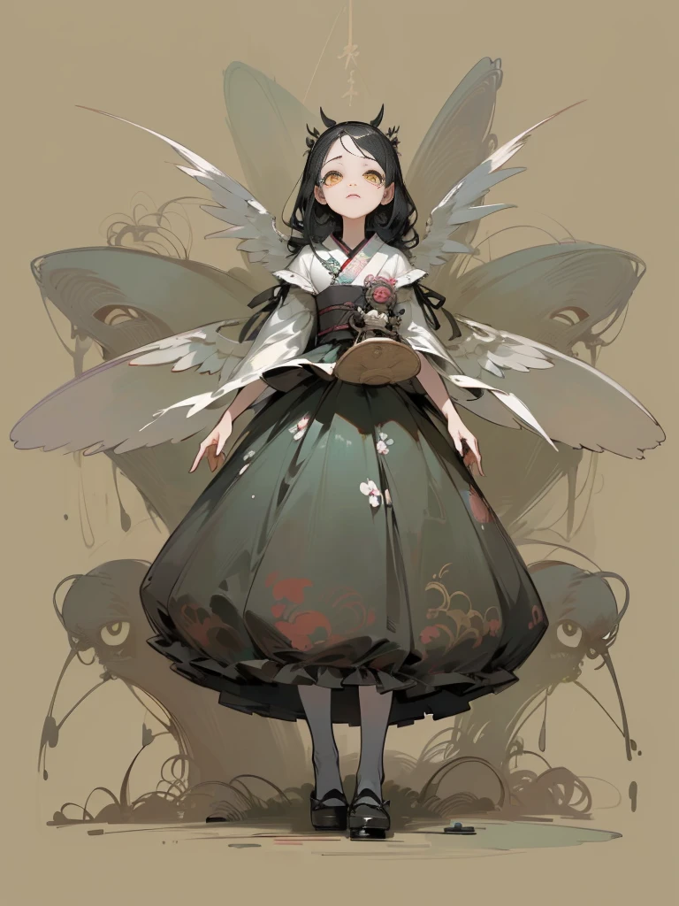 (,(masterpiece), (High resolution), (super delicate), (masterpiece: 1.2, highest quality), scribble, nightmare, doll-like face, cartoon style, rough sketch, Comic style illustration, Japanese painting, full body,(snap shot), flat illustration, creepy appearance, unique atmosphere、Girl with wings