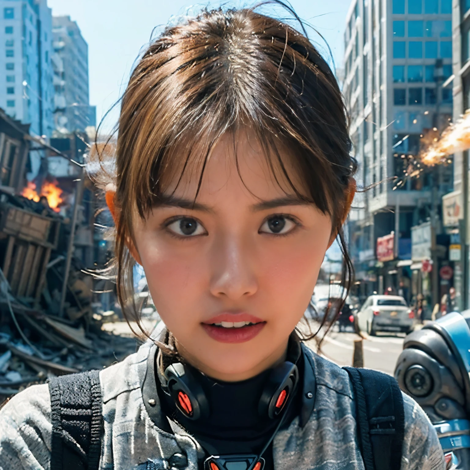 (街を破壊する侵略ロボット:1.7、若者, テレキネシス能力を持つ美しい女性がロボットに立ち向かう.)、SF、破壊された大都市、侵略者に挑戦する、都市の衰退、燃える炎、崩壊する高層ビル、立ち上る煙、激戦、飛び火、渦巻く瓦礫、荒廃した街並み、未来的な雰囲気、未来的な雰囲気、明るい色、異世界のエネルギー、ダイナミックな構成、映画照明、終末後の世界設定、比類のない美しさ、彼女はエレガントな花柄のドレスを着ています、女性の周りの空間が歪んで見える、決意の表情、自信のある態度、風になびく髪、輝く目、輝くルーン、技術的に進歩した兵器、壮大な対決、侵略ロボットに雷が落ちる、壮大なスケール、畏敬の念を抱かせる英雄的な闘い、最後の抵抗、ディストピアの未来、運命, 人類はバランスを失う、激しい感情が湧き起こる