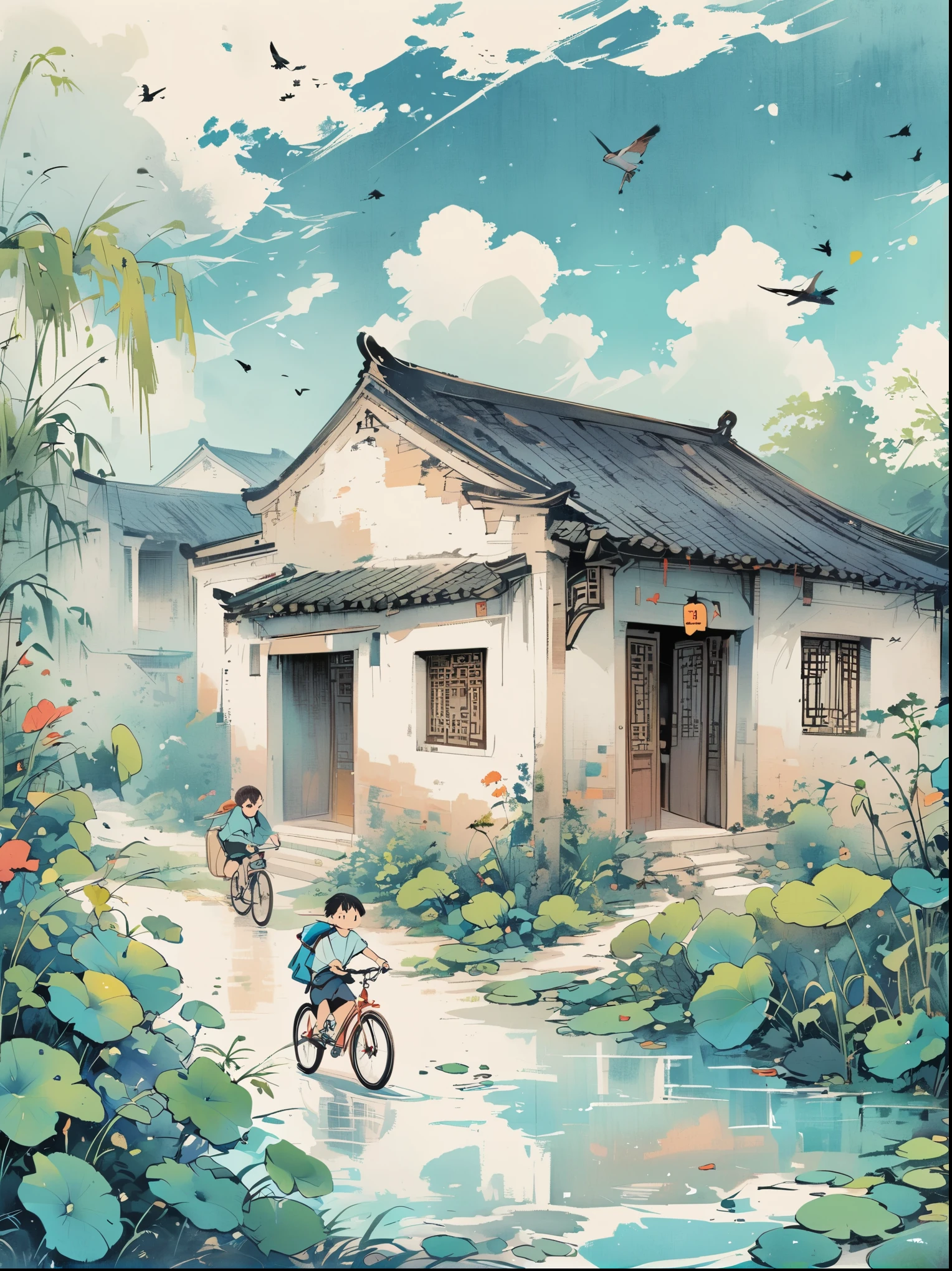 A cute little boy riding a bicycle，The background is green grass and blue sky，Chinese ink style。Cartoon character design uses light cyan as the main color，There are some white clouds floating around。He has short hair，Wearing a shirt with a teddy bear on it。Color illustration showing bubbles flying next to them。high resolution