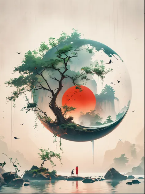 minimalist composition red sun with black man sitting on it mirror reflection of tree and water surface, surrealism, clean backg...