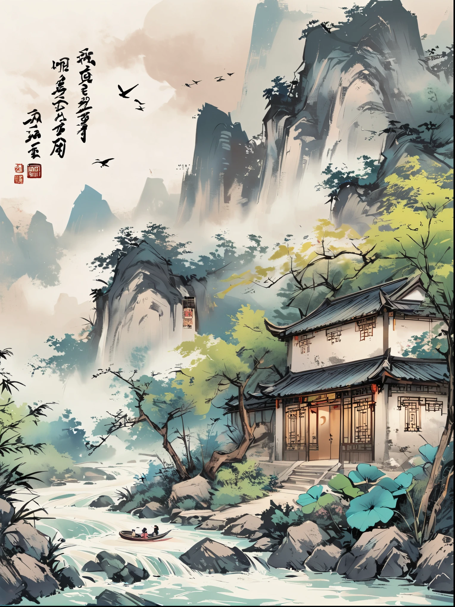 Qiman.com,  a river，There is a boat in the water，There is an island on a mountain, ink painting, Chinese style, 