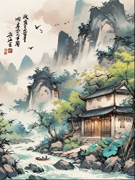 qiman.com,  a river，there is a boat in the water，there is an island on a mountain, ink painting, chinese style,