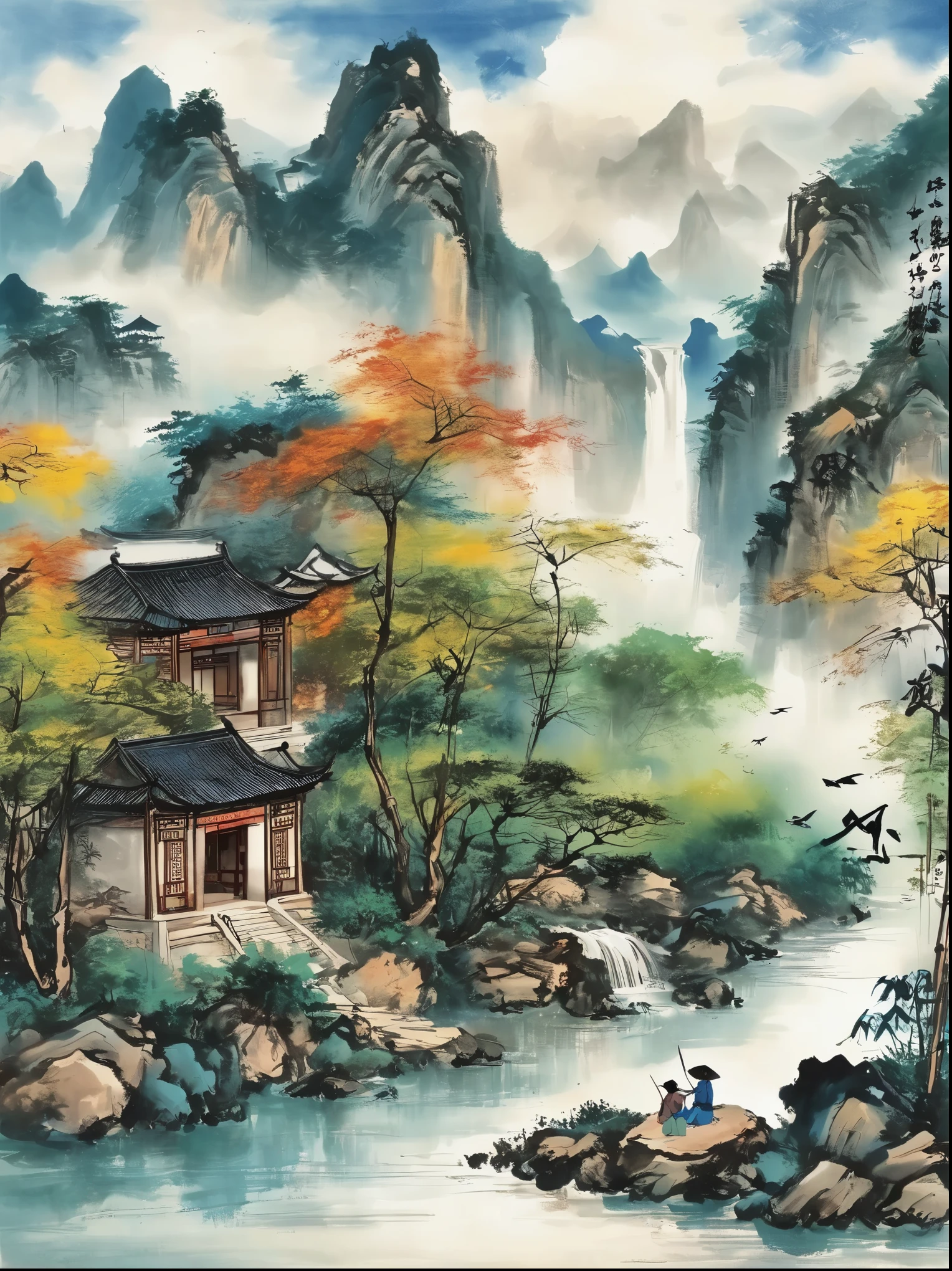 Qiman.com,  a river，There is a boat in the water，There is an island on a mountain, ink painting, Chinese style, 