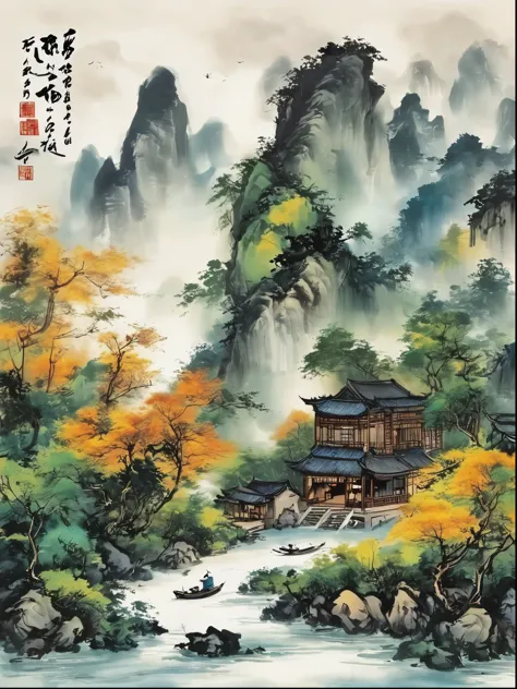 Qiman.com,  a river，There is a boat in the water，There is an island on a mountain, ink painting, Chinese style, 
