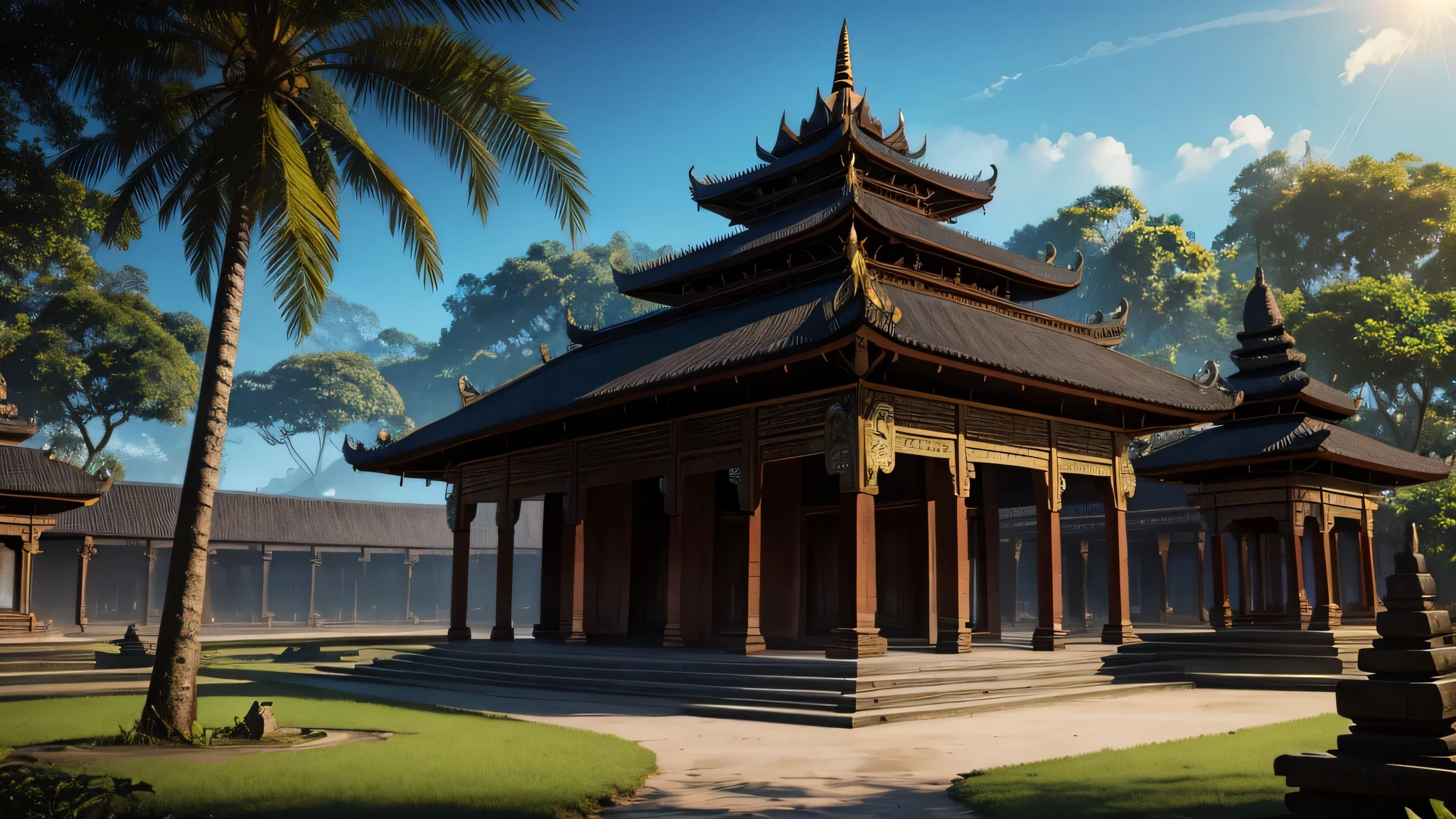 Fantasy-Kunst, alter indonesischer Königspalast, Hinduistischer Tempelstil, gotisch, geheimnisvolle Nachmittagssonne, umgeben von tropischen Wäldern, Realistisch