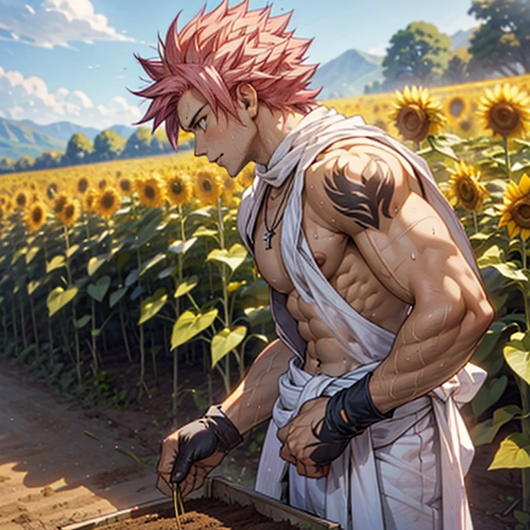 Vue du beau Natsu Dragneel semant des graines de riz dans une terre agricole de tournesol. Son corps est musclé et en forme, il est torse nu avec des pectoraux musclés et et. Il porte un tissu blanc autour de la taille, des gants blancs sales et un collier en argent. Il travaille dur dans les champs pour planter des graines . Vue latérale de lui plantant des graines de tournesol. Il travaille très dur et transpire abondamment. La scène est celle d&#39;une ferme de tournesols avec un ciel bleu et un soleil éclatant visible. Il a une expression de stress et ses muscles travaillent dur aussi. Il a les cheveux rose vif, tout comme Natsu Dragneel, avec un tatouage rouge sur l&#39;épaule.