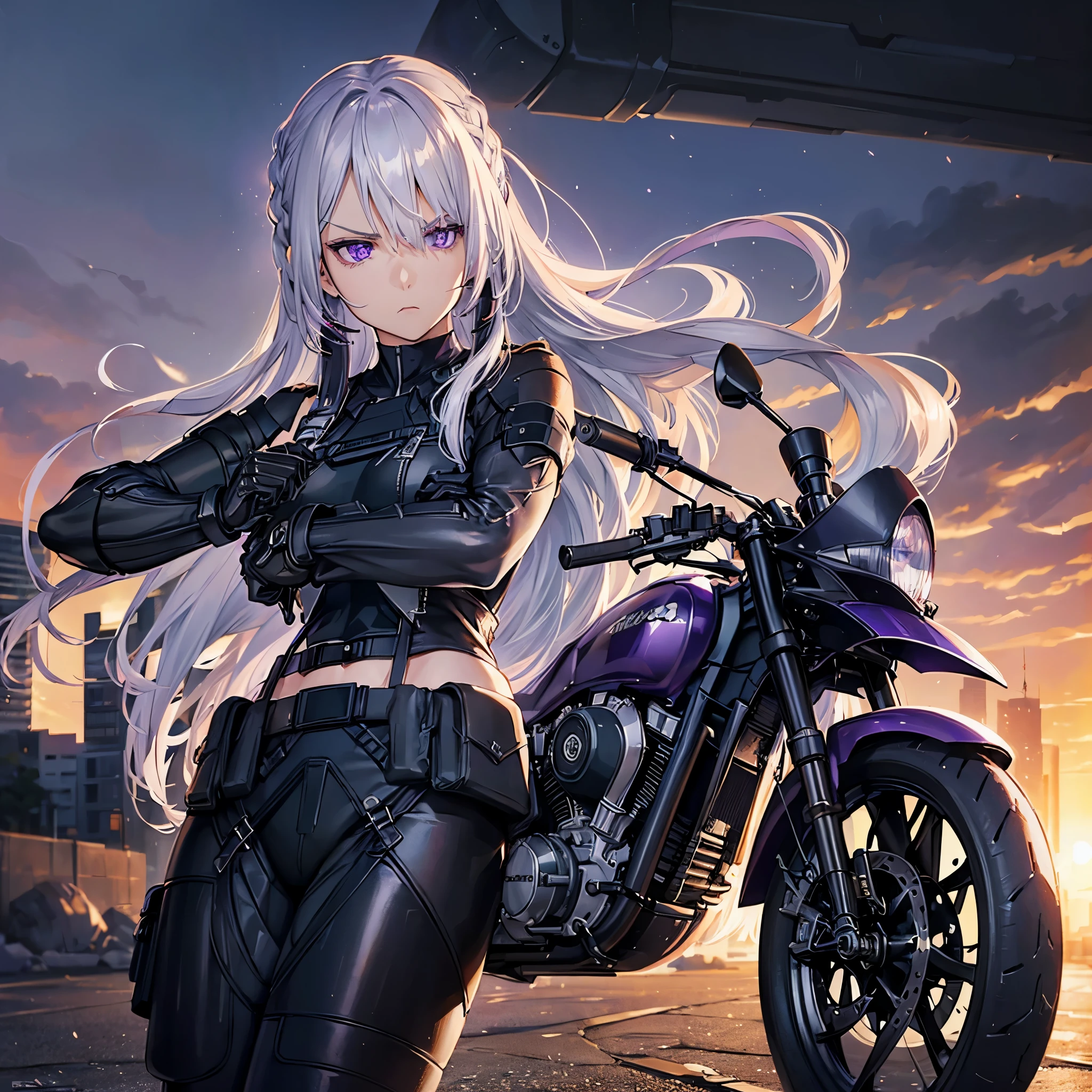 (one woman),(serious face,muscular),(silver hair,purple eyes),(black military uniform,with equipment),(near a motorbike),(in a city),(late afternoon),(HDR, masterpiece)