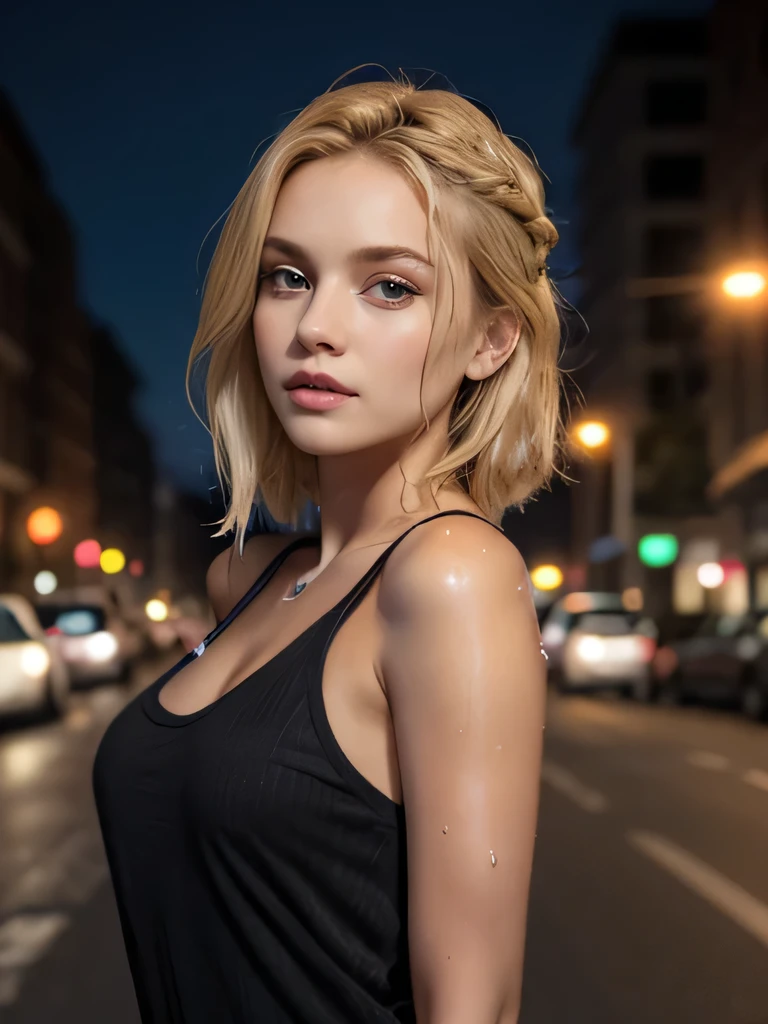 Very sexy 19 year old girl, solo, very blonde hair, hair tied, wearing wet tee-shirt, small perky breasts, wearing neck choke, wrist accessories, full body shot, body focus, Detailed skin, Detailed Face, Detailed Lips, Detailed Eyes, dark make up, moody, textured skin, super detail lighting, street at night background, nsfw