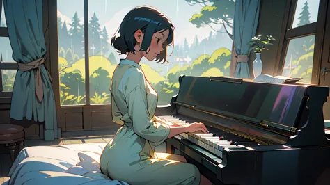 (HENTAI ANIME) (fundo bonito e claro:1.2), modelo de jogo，A scene of a cute sexy college girl playing the piano in her room in s...