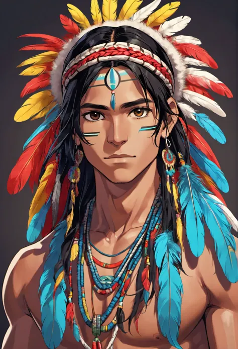 (best quality,4k,highres:1.2),ultra-detailed,realistic, (young man),(athletic body), (black hair), (tanned skin), (young indigen...