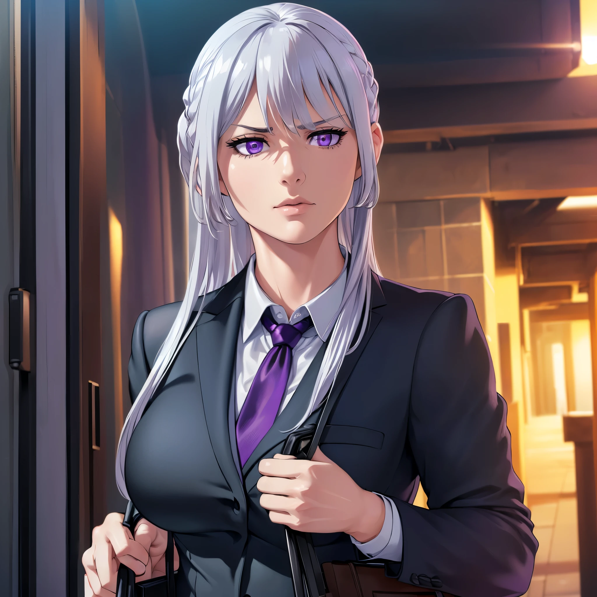 (highres,masterpiece:1.2),ultra-detailed,(realistic,photorealistic,photo-realistic:1.37),portraits,woman,wearing black suit,holding briefcase,outside large building,big breasts,muscular,(serious face),(silver hair),(purple eyes),landscape,vivid colors,studio lighting