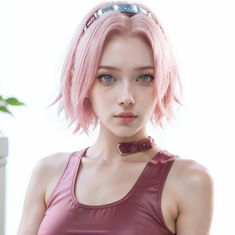 young woman, short shoulder-length pink hair, wide forehead, porcelain skin, pink eyebrows, big emerald green eyes, buttoned nos...