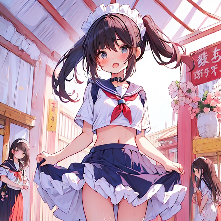 ((1 Japanese girl、aldult)), ( petite)), black hair、brown hair、masterpiece, 最high quality, high quality, Highly detailed 8K wallpaper,amusement park、Hard taming、tropical night、intense heat、heavy breathing、Breathing、Sweat、headdress、cute girls、Cute Maid、bold pose、(open your mouth wide、salivate)、big nipples、Waiting for orders、No correction、Mouth tingling、(girl、Classmate、squid belly、Pink rotor installed)、（No underwear）、beautiful flat chest、（Intense Sweat）、(Saliva volume:1.4）、(female primary school student、Cute belly、Prephysiological、Swelling belly、Pussy spread、Squirting）、（Stroking the stomach:2）、(A face that looks comfortable、beautiful face、Cute）、（Continuous Acme）、（Trembling in the lower back:2）、Life-size、in front of the camera、Walking with your legs together