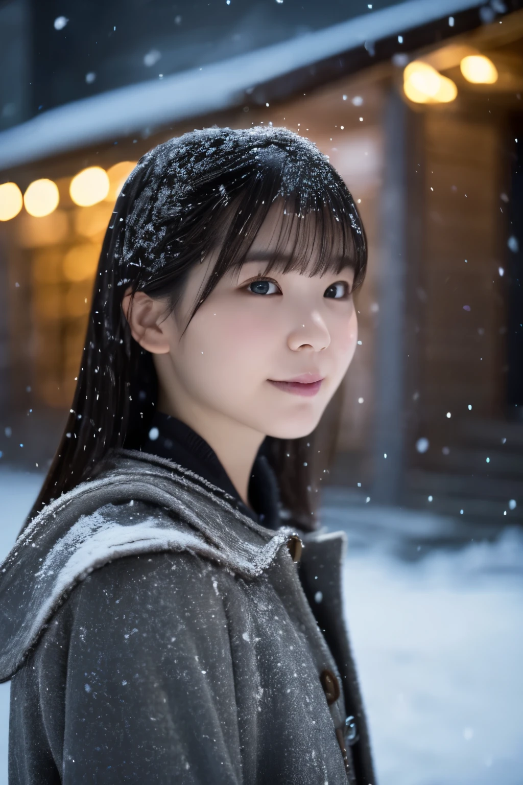 1 girl, (wear a coat:1.2), (Raw photo, highest quality), (realistic, Photoreal:1.4), table top, very delicate and beautiful, very detailed, 2k wallpaper, wonderful, finely, very detailed CG Unity 8K 壁紙, Super detailed, High resolution, soft light, beautiful detailed girl, very detailed目と顔, beautifully detailed nose, detailed and beautiful eyes, cinematic lighting, Illuminations coloring the city on a snowy night, snow scene, It&#39;s snowing, snow in my hair, perfect anatomy, tense air, straight long hair, looking at the viewer, slight smile, Hokkaido Serial Murder, Disappear in Okhotsk, tracking