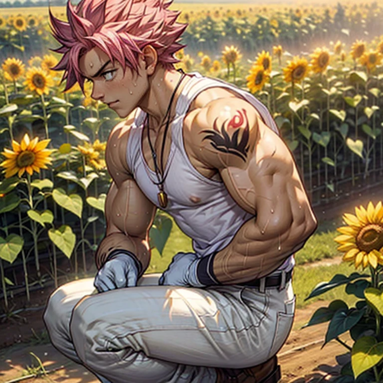 Vue de dessus du beau Natsu Dragneel semant des graines de riz dans une terre agricole de tournesol. Son corps est musclé et en forme, il est torse nu avec des pectoraux musclés et et. Il porte un pantalon blanc, des gants blancs sales et un collier en argent. Il travaille dur dans les champs pour planter des graines . Vue latérale de lui plantant des graines de tournesol. Il travaille très dur et transpire abondamment. La scène est celle d&#39;une ferme de tournesols avec un ciel bleu et un soleil éclatant visible. Il a une expression de stress et ses muscles travaillent dur aussi. Il a les cheveux rose vif, tout comme Natsu Dragneel, avec un tatouage rouge sur l&#39;épaule.