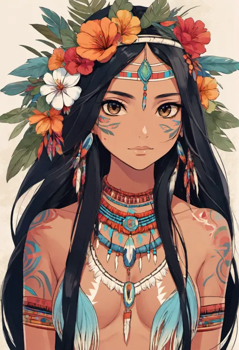 indigenous woman, delicate and feminine body, slightly muscular, long black hair decorated with flowers, scars on the body, simp...