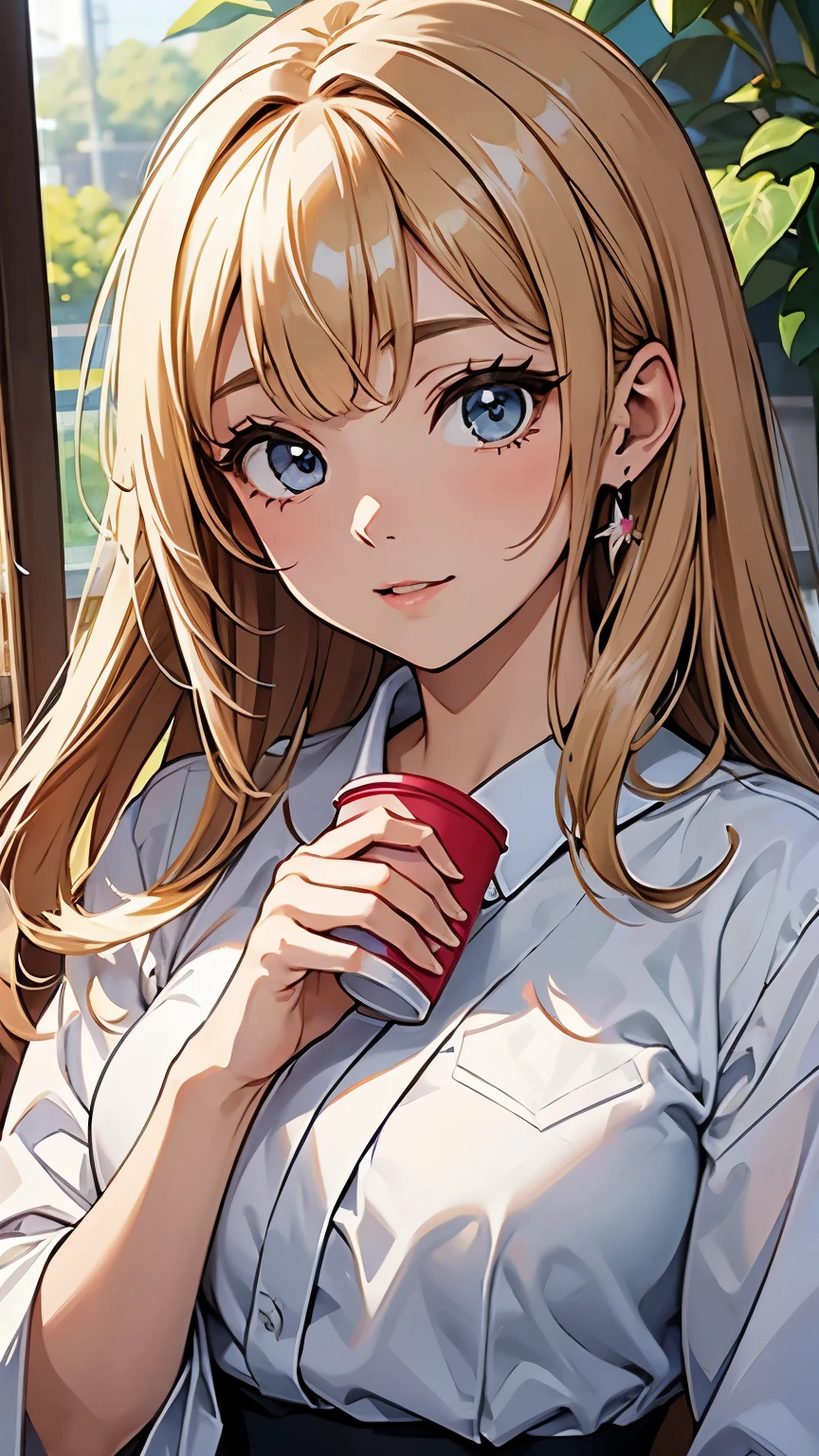 there is a young woman holding a cup of coffee in her hand, garota cara fofa, rosto de anime natural fofo, com cara fofa - linda, Sakimi-chan, Chiho, Yoshitomo Nara, jovem rosto bonito, lindo rosto de garotas japonesas, cabelos castanhos e olhos grandes, linda garota kawaii, lindos olhos grandes e claros