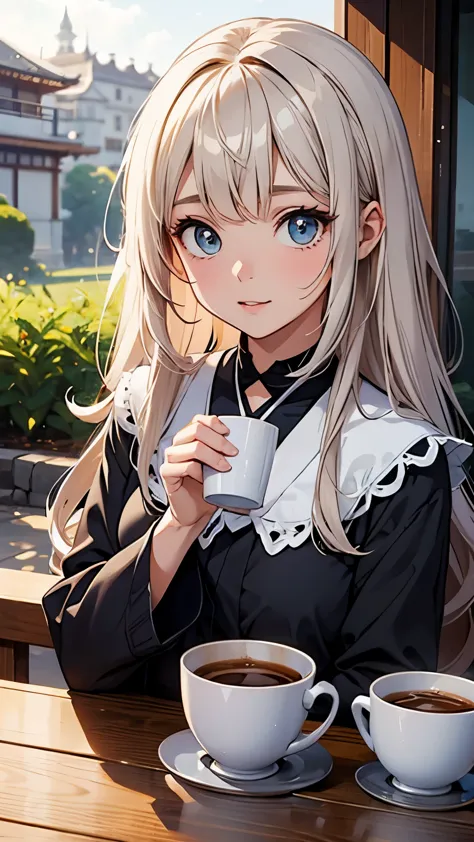 there is a young woman holding a cup of coffee in her hand, garota cara fofa, rosto de anime natural fofo, com cara fofa - linda...