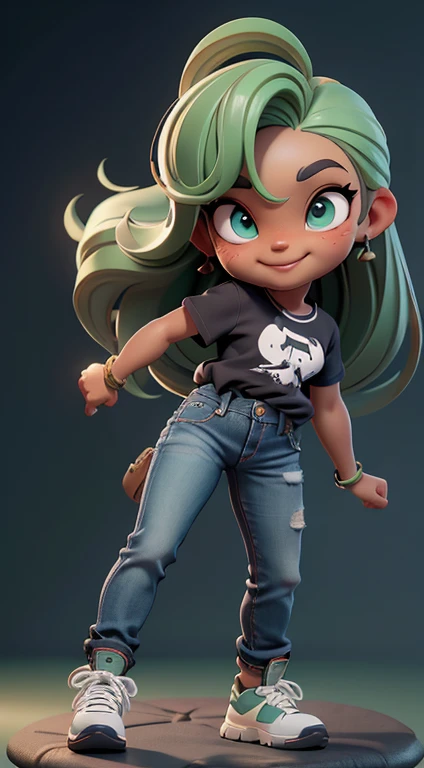 Obra de arte, Mejor calidad, cara detallada, ojos detallados, enfoque nítido, Representación 3D. todo el cuerpo, una hermosa chica chibi, linda sonrisa, ((tono de piel bronceada)), pelo verde corto, cabello ondulado , moleca, forma corporal esbelta, ropa negra, es por eso, Camisa de manga larga, (((jeans de fondo ancho))), Zapatillas grandes, poses enérgicas, (foco facial:1.3).