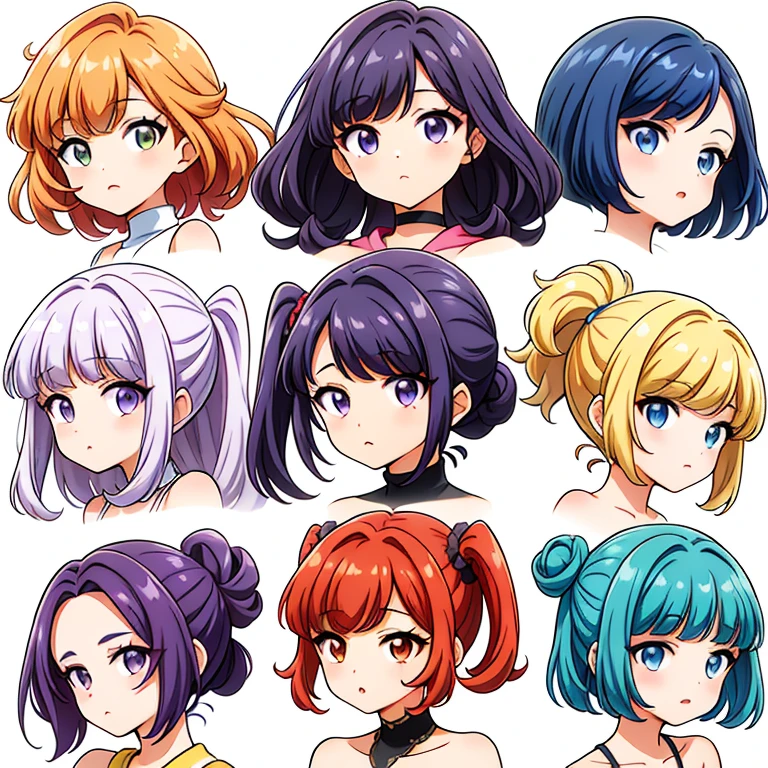 9 girls, white background,  different characters, multiple views, (Close up heads, portrait, mugshot), bra, bare shoulders, bikini, different hair colors, different hair styles, 
twin-tail hair style, 
pony-tail hair, wavy 
long hair, 
braid, 
parted bangs, 
high ponytail, 
low ponytail, 
big hair, cornrows, 
hair bun, 
hair rings, 
half updo hairstyle, 
diagonal bangs, 
two side up hair, 
flipped hair, 
blunt bangs, 

warm-toned hair colors, 
cool-toned hair colors, 
brown hair color, 
red hair color, 
yellow hair color, 
white hair color, 
purple hair color, 
blue hair color,