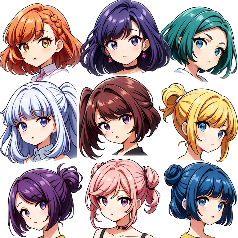 9 girls, white background,  different characters, multiple views, (Close up heads, portrait, mugshot), bra, bare shoulders, bikini, different hair colors, different hair styles, 
twin-tail hair style, 
pony-tail hair, wavy 
long hair, 
braid, 
parted bangs, 
high ponytail, 
low ponytail, 
big hair, cornrows, 
hair bun, 
hair rings, 
half updo hairstyle, 
diagonal bangs, 
two side up hair, 
flipped hair, 
blunt bangs, 

warm-toned hair colors, 
cool-toned hair colors, 
brown hair color, 
red hair color, 
yellow hair color, 
white hair color, 
purple hair color, 
blue hair color,