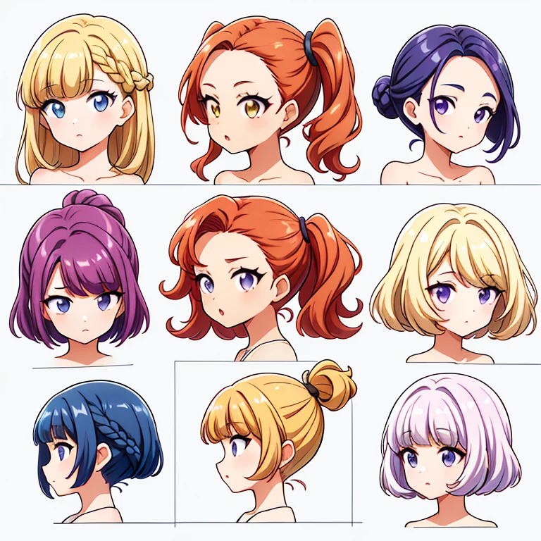 9 girls, white background,  different characters, multiple views, (Close up heads, portrait, mugshot), bra, bare shoulders, bikini, different hair colors, different hair styles, 
twin-tail hair style, 
pony-tail hair, wavy 
long hair, 
braid, 
parted bangs, 
high ponytail, 
low ponytail, 
big hair, cornrows, 
hair bun, 
hair rings, 
half updo hairstyle, 
diagonal bangs, 
two side up hair, 
flipped hair, 
blunt bangs, 

warm-toned hair colors, 
cool-toned hair colors, 
brown hair color, 
red hair color, 
yellow hair color, 
white hair color, 
purple hair color, 
blue hair color,