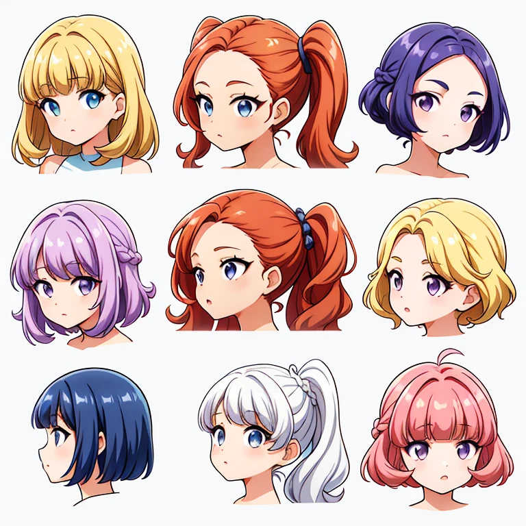 9 girls, white background,  different characters, multiple views, (Close up heads, portrait, mugshot), bra, bare shoulders, bikini, different hair colors, different hair styles, 
twin-tail hair style, 
pony-tail hair, wavy 
long hair, 
braid, 
parted bangs, 
high ponytail, 
low ponytail, 
big hair, cornrows, 
hair bun, 
hair rings, 
half updo hairstyle, 
diagonal bangs, 
two side up hair, 
flipped hair, 
blunt bangs, 

warm-toned hair colors, 
cool-toned hair colors, 
brown hair color, 
red hair color, 
yellow hair color, 
white hair color, 
purple hair color, 
blue hair color,