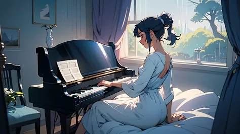 A scene of one cute sexy girl sitting playing the piano in her room in her short hot nightgown, back view, Ponytail, nice big bu...